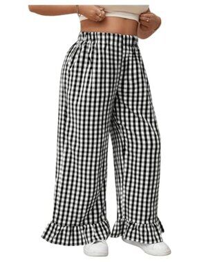 New -  Women's Plus Size Gingham Checkered Pants‎ Elastic High Waisted Ruffle